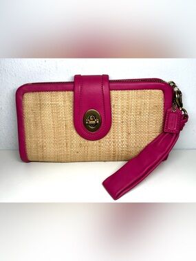 Coach Straw Clutch Wristlet with Fuchsia Trim